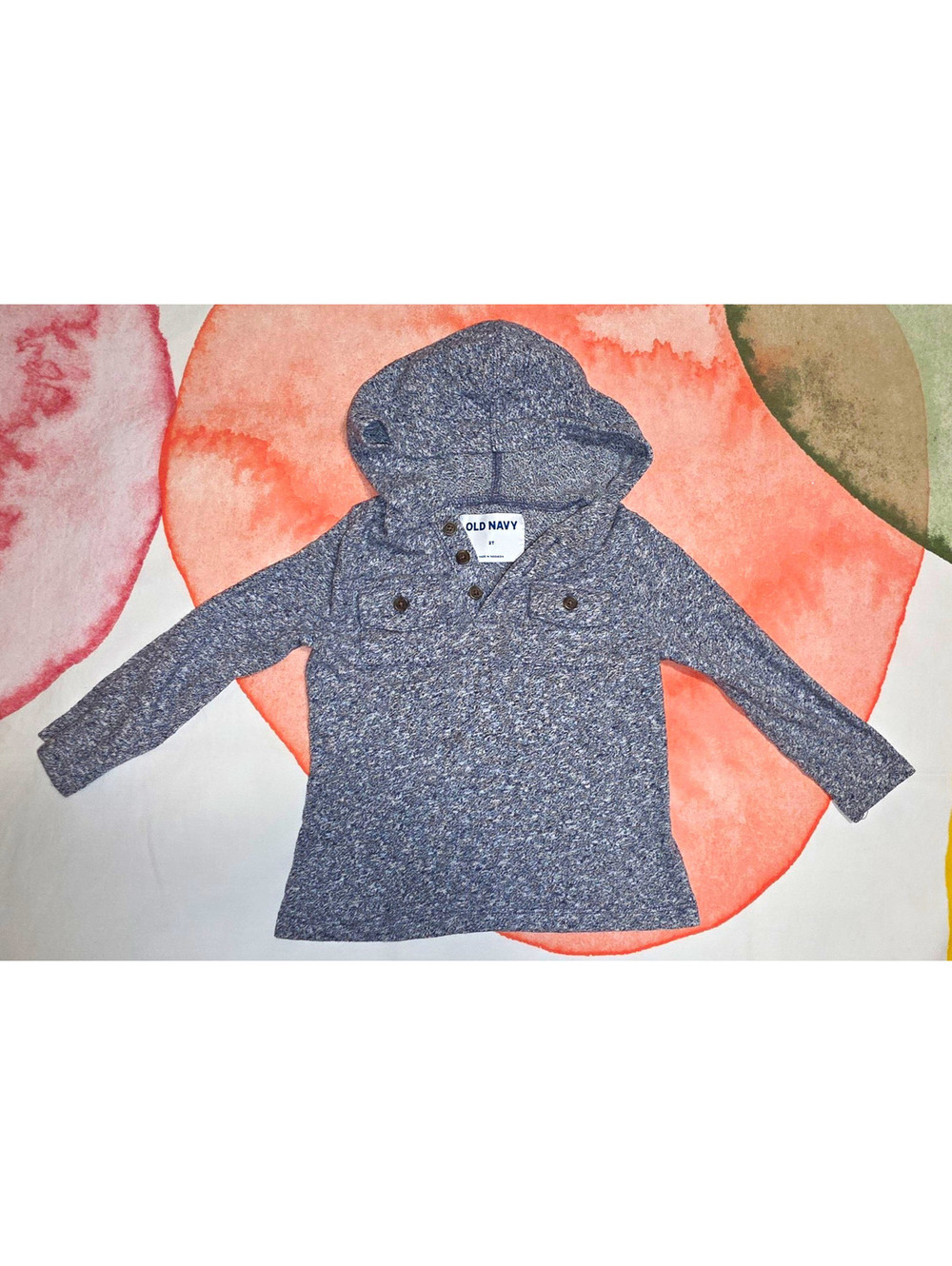 Old Navy 2T Gray Solid Hooded Pullover Hoodie Long Sleeve Button Cotton Poly